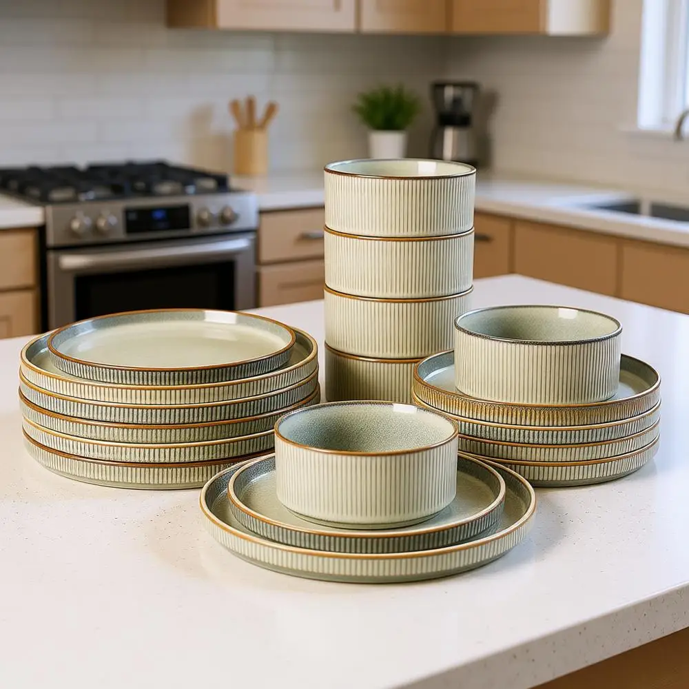 

Набор посуды из 4 предметов: тарелки и миски из керамики с реактивной глазурью, круглые, устойчивые к царапинам, можно мыть в посудомоечной машине и использовать в микроволновой печи, сервиз