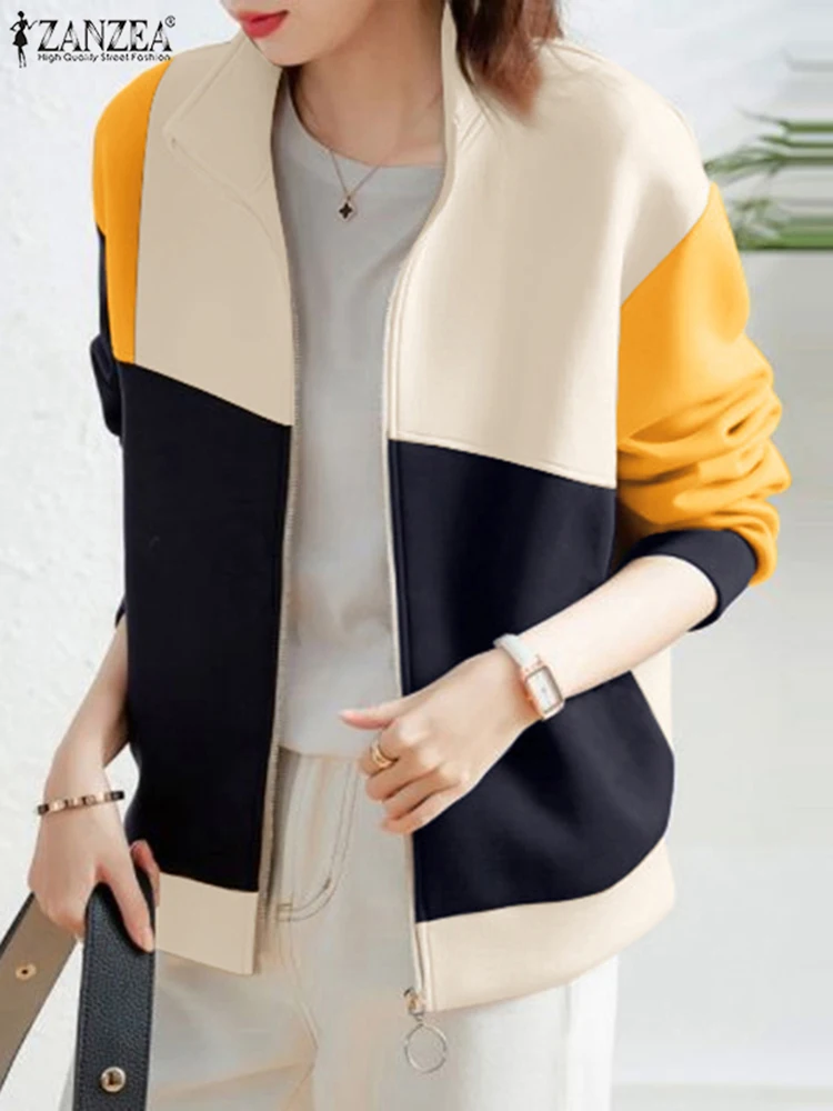 ZANZEA Stand Collar Zip-Up Hoodies 2024 Fall Casual Korean Fashion Women Sweatshirts Long Sleeve Color Block Patchwork Outerwaer