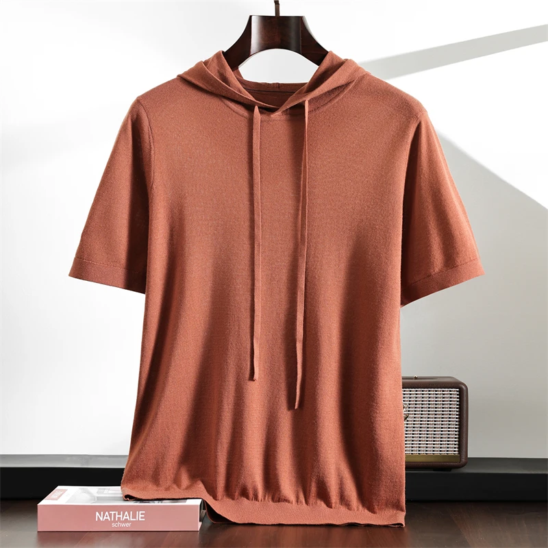 

High End Men's 100% worsted Wool T-shirt Hooded Collar Pullover Casual Business Knit Short Sleeved Summer Soft Comfortable Tees