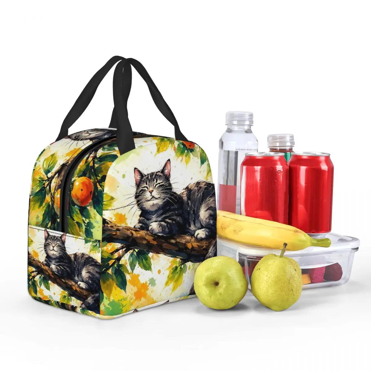 Cat Sleeps On A Tree Branch Insulated Lunch Bag for Kids School Cooler Thermal Food Box Tote Portable Lunch Boxes Container