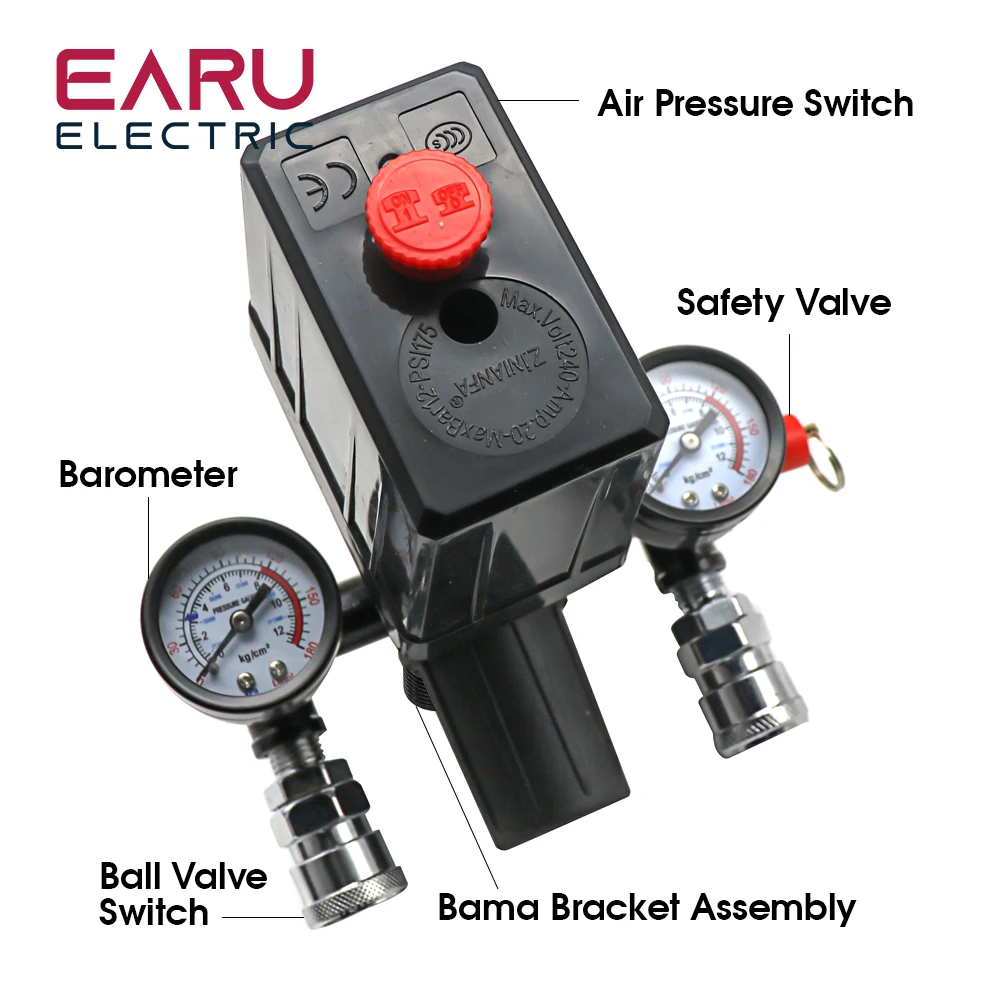 كفاءة 220 فولت/380 فولت 4 ميناء منظم واجب مضخة ضاغط الهواء التحكم في الضغط التبديل صمام التحكم في مضخة الهواء 0-180PSI مع مقياس #5