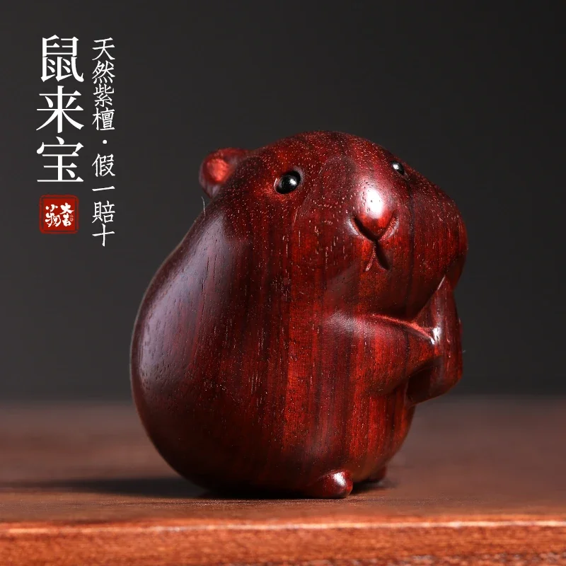 Natural green sandalwood rosewood zodiac mouse figure, cute hand handle, desk ornament, gift for friends