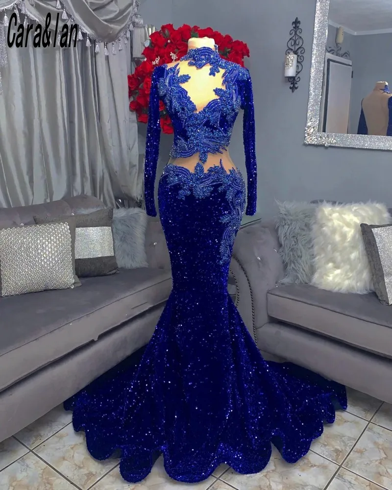 Royal Blue Prom Dress 2024 For Black Girls Long Sleeves Applique Women Party Dresses Robes De Bal Evening Gowns Customized