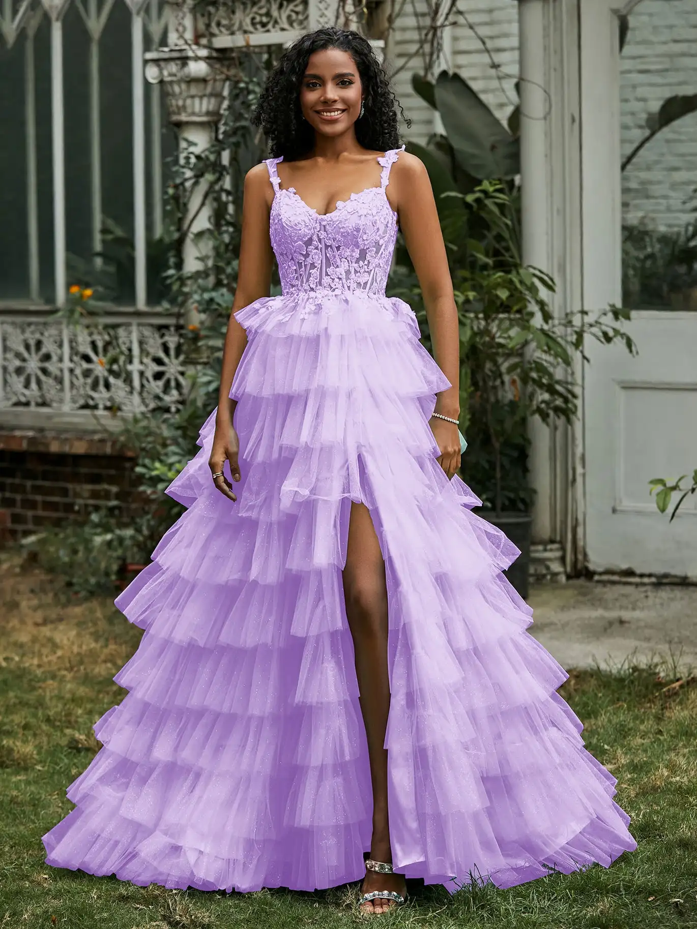 Tiered Tulle Prom Dress com fenda, Querida Ruffle Skirt, A Line Spaghetti Straps, Vestidos de noite, Wedding Guest Appliques