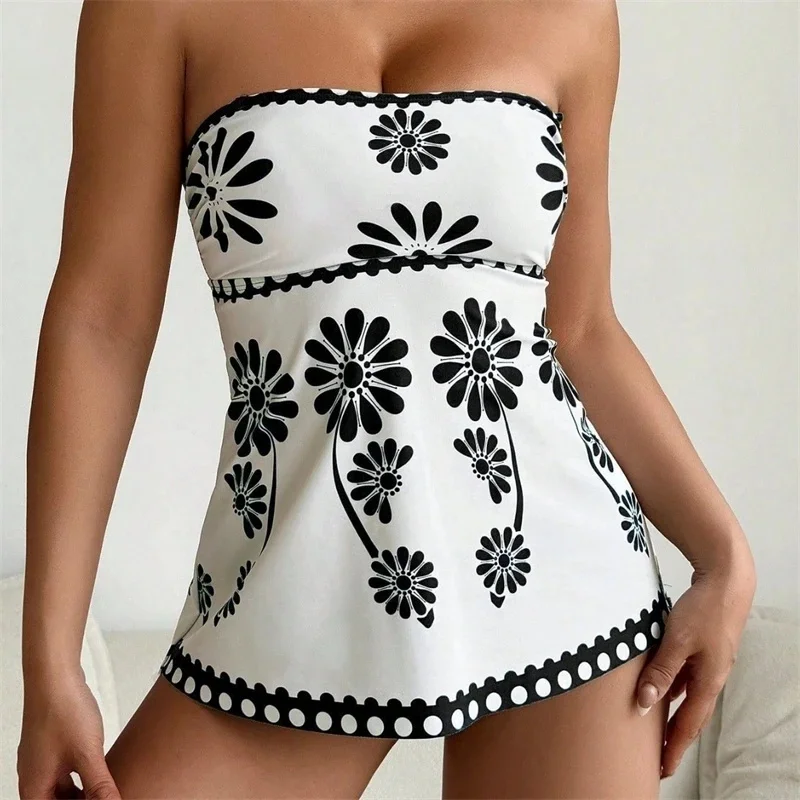 

Women Floral Print 2 Piece Tankini Set Adjustable Spaghetti Straps Scalloped Trim Flowy High Waist Brief Summer Beach Swimwear