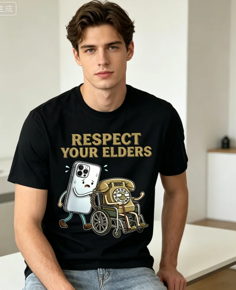 Men' Vintage Respect Your Elders Phone Joke T-Shirt - Retro Seasons Casual Round Neck Short Sleeve Henley Shirt Attire Gift