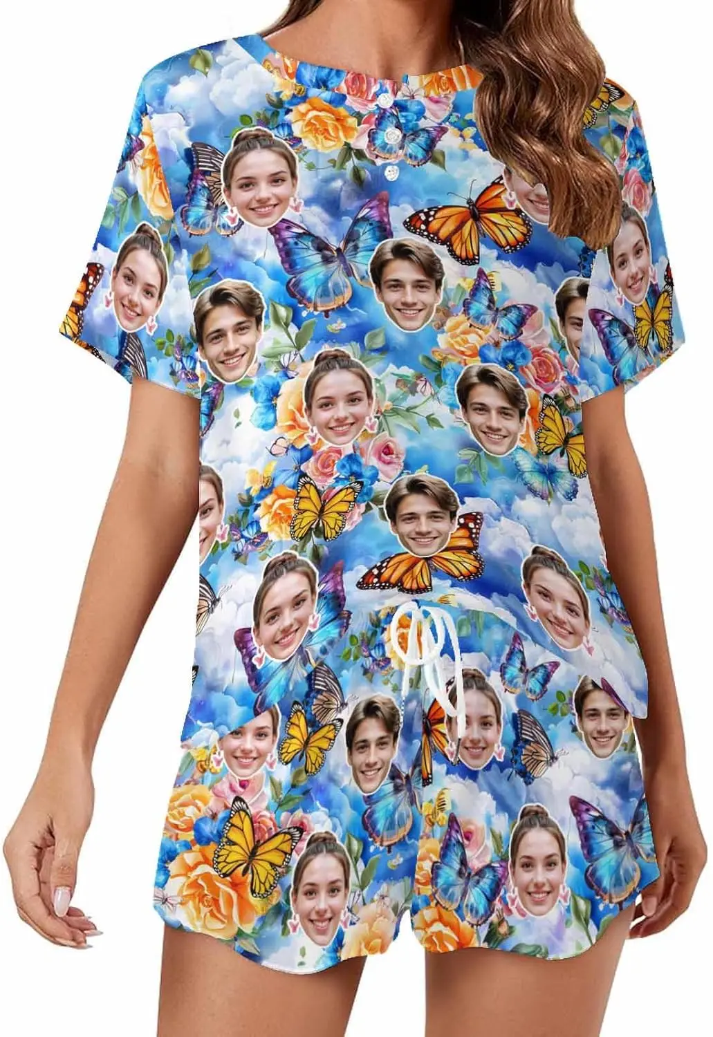 Aangepaste korte pyjamaset met foto, gepersonaliseerde loungeset voor dames, nachtkleding met grappig gezicht, zacht trainingspakcadeau