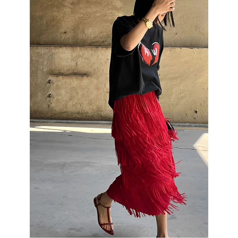 

Spring/Summer Vacation 5-Layer Fringe Tassel Skirt in Bold Red, Black, Hot Pink - Cake Midiirt