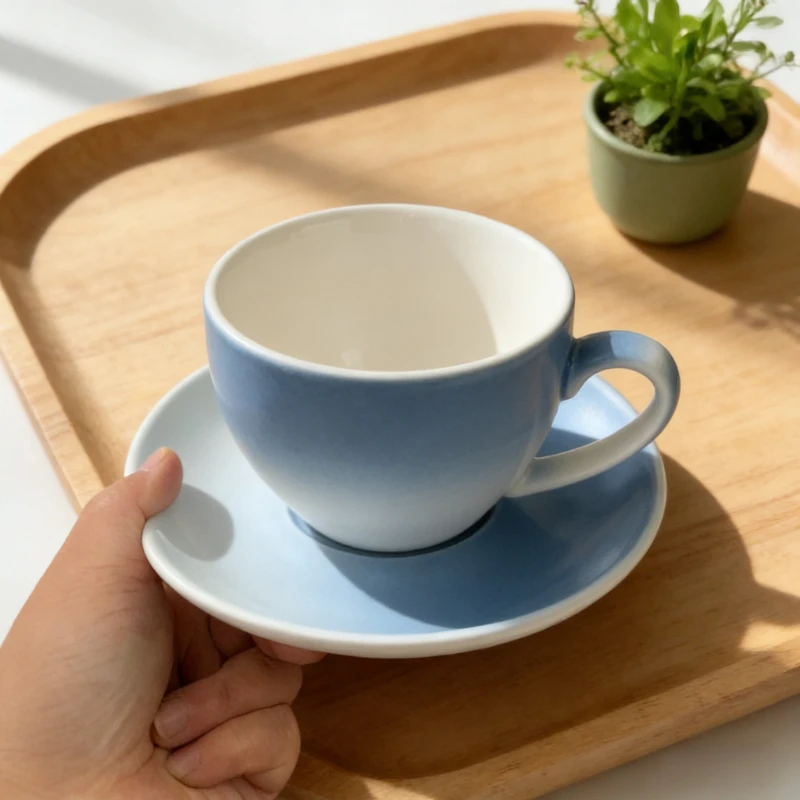 

Gradient Blue Ceramic Cup and Saucer Set Creative Coffee Mug Fashion Home Office Drinking Tableware Gift Home Creative Souvenirs