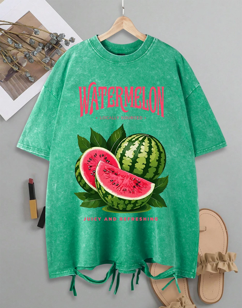 

Watermelon Locally Sourced Juicy And Refreshing Print Washed Holes T Shirt Women Summer Loose T Shirts Cotton Y2K Soft Clothing