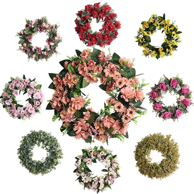 

Simulation Daisy Camellia Sunflower Rose Chrysanthemum Eucalyptus Leaf Plant Wreath Home Decoration Fake Flowers Hanging