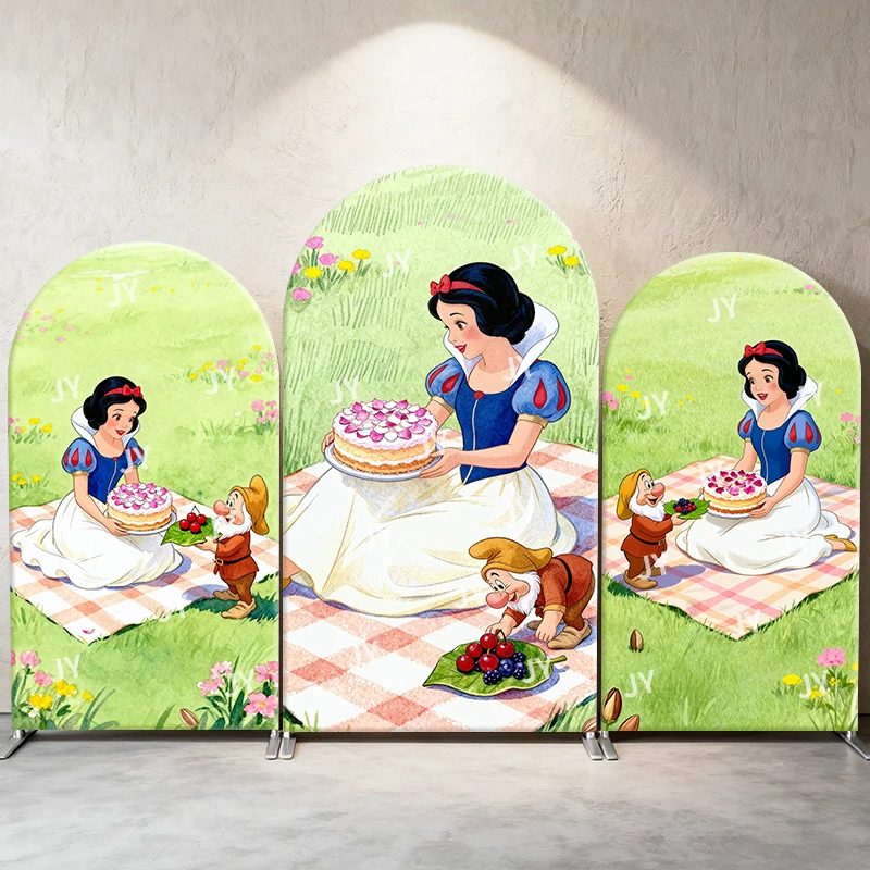 

Snow White Arch Backdrop Cover Picnic with Dwarfs and Birthday Cake Cute Cartoon Birthday and Baby Shower Photo Booth Decor