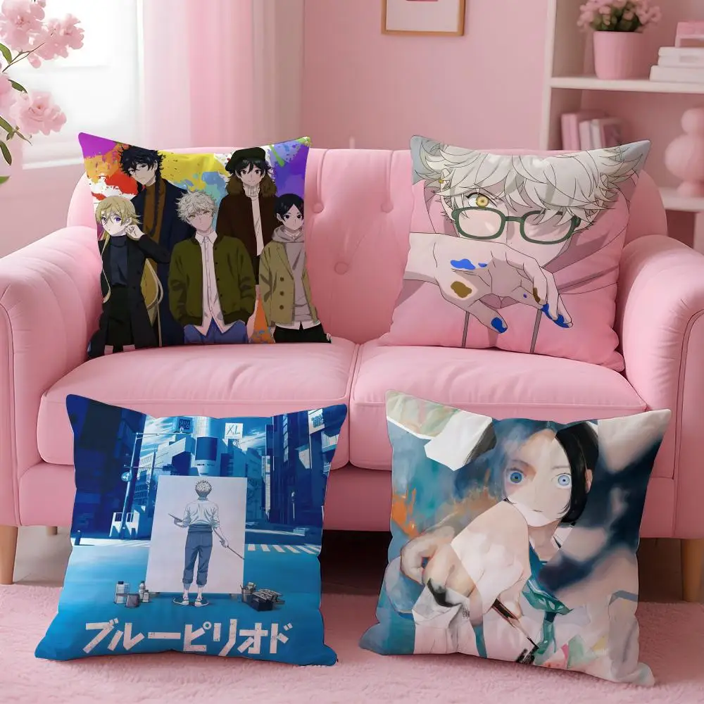 Anime B-Blue Period Cushion Cover Breathable Linen Pillowcase Summer Odorless Eco-Friendly Invisible Zipper Washable