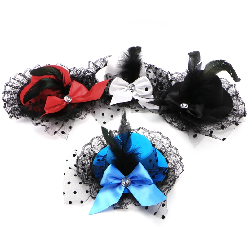 New Style Women Bow Hair Clips Lace Feather Mini Top Hat Fancy Fascinator Party