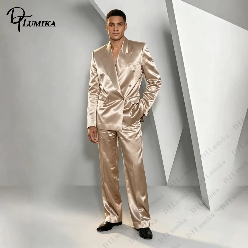 Shiny Satin Men's Two Piece Suit Set Double Breasted Blazer & Wide Leg Trousers Cocktail Dinner Party Suit Attire for Gentlemen