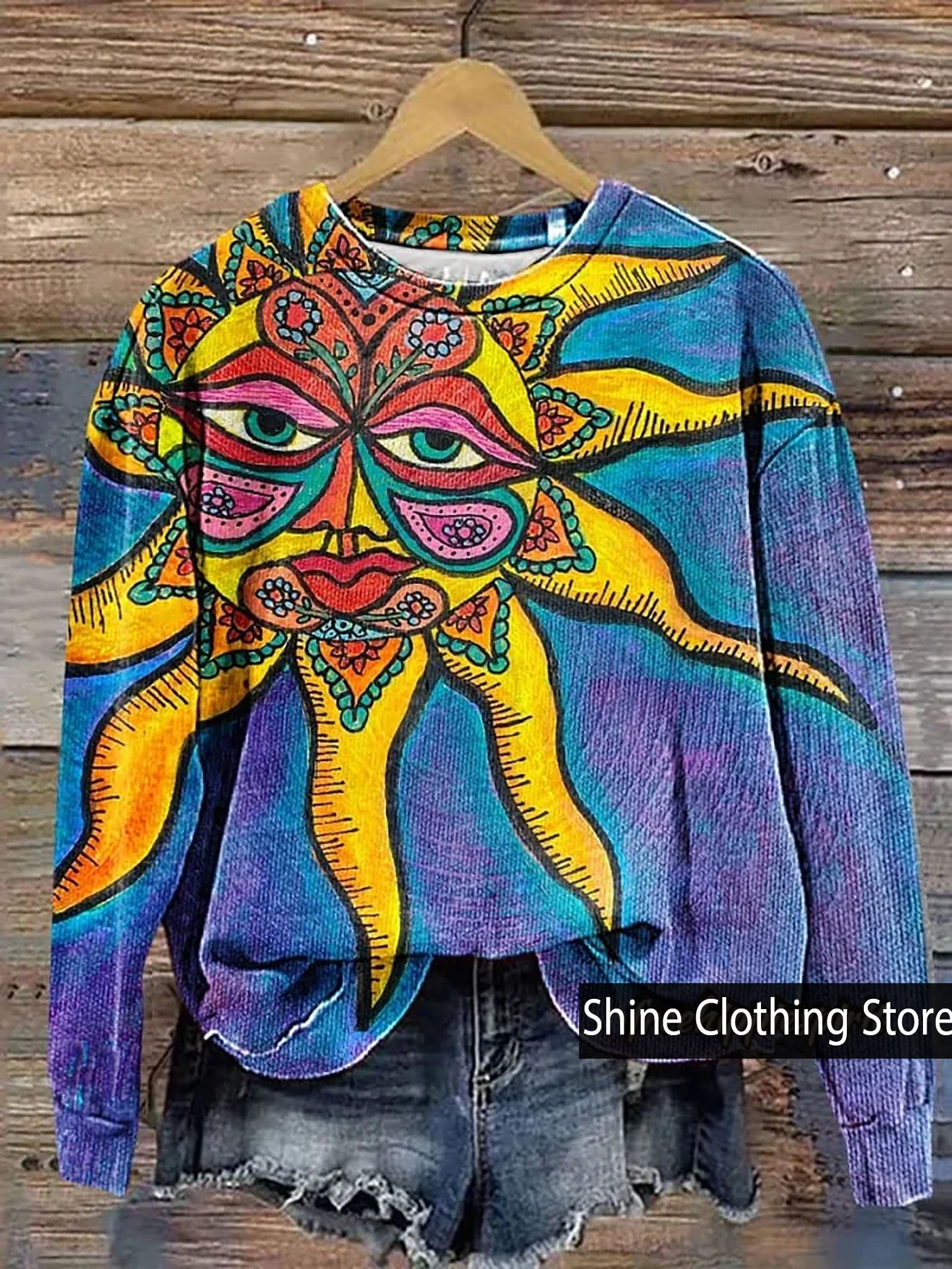 

Autumn New Arrivals Women's Vintage Bohemian Sun Art Print Casual Sweatshirt,Women's Clothing,size S To 3XL