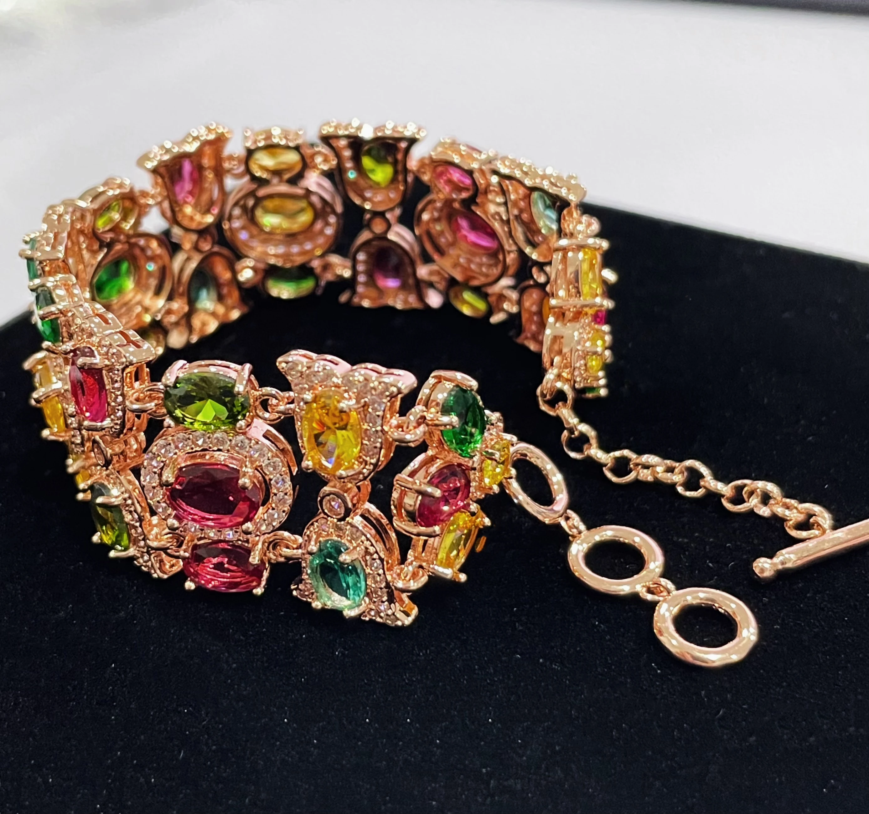 Rose Gold Color Rainbow Colorful Cubic Zirconia Bracelet for Women Girls Luxury Wedding Bangle  Vintage Party Jewelry Gift