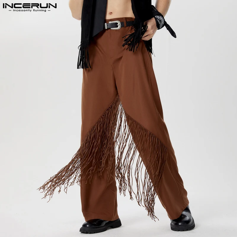 INCERUN 2024 American Style Men's Tassel Patchwork Design Long Pants Casual Streetwear Solid Simple Straight Leg Pantalons S-5XL