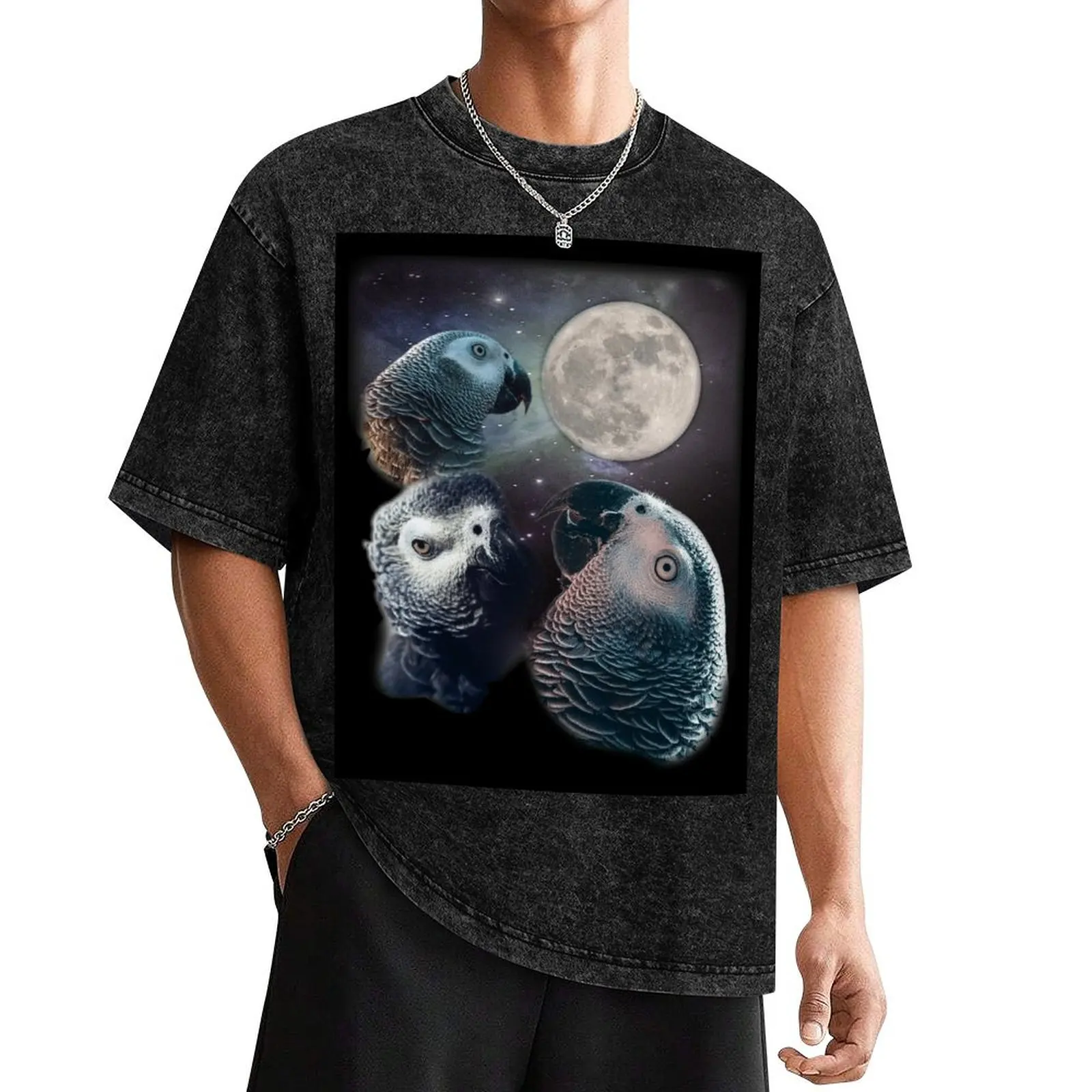 

African Grey Parrot Three Wolves and Moon Style T-Shirt shirts graphic tee cheap stuff mens t shirts top quality