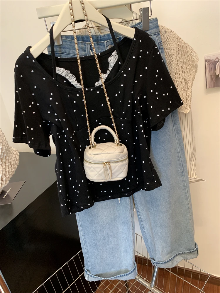 Kaus Desain Renda Dua Potong Palsu Kasual Pola Polka Dot Wanita Halter Lengan Pendek Slimfit Atasan Ukuran Plus Vneck Cocok untuk Semua