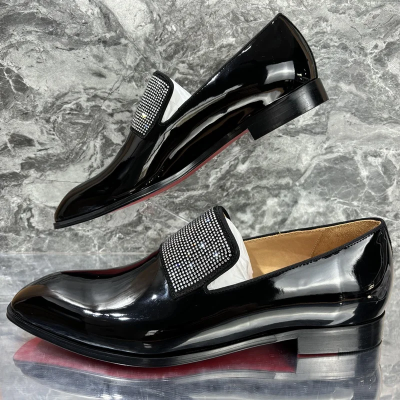 New Stylish Men's Black Patent Leather Shoes Luxury Rhinestone Loafers Shoes For Men Handmade Slip On Dress Shoes Wedding Shoes