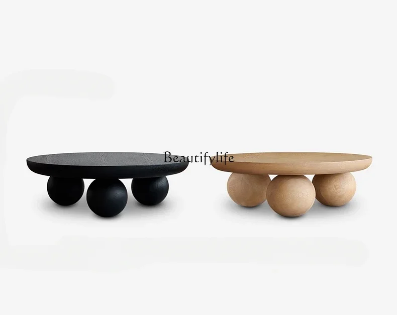 

ls 42Retro black solid wood round coffee table wabi-sabi designer creative spherical round table
