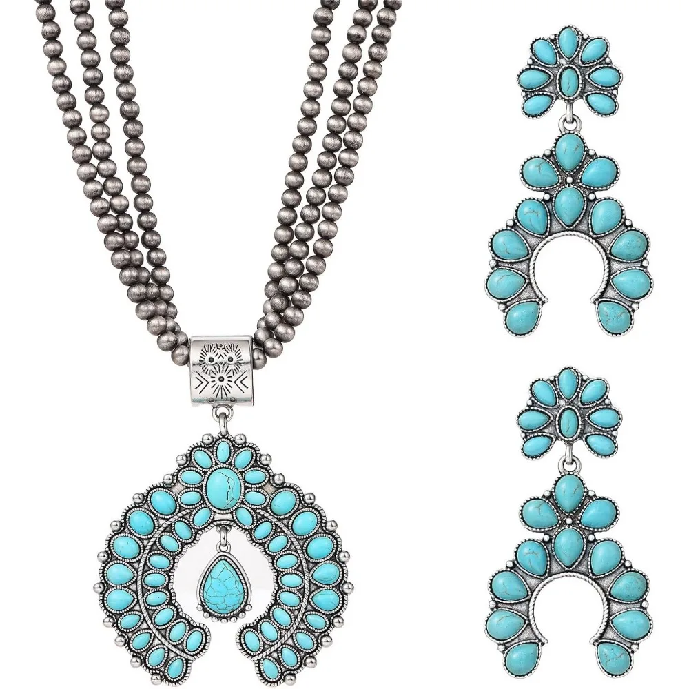

Turquoise Jewelry Set for Women Boho Cowgirl Necklace and Dangle Earrings Vintage Country Bohemian Accessories