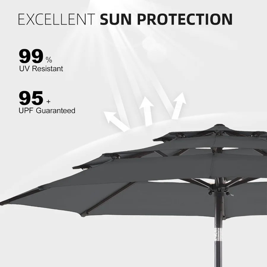 Parasol de patio à 3 niveaux de 9 pieds avec base robuste incluse pour une utilisation extérieure, tissu polyester résistant à la décoloration et imperméable avec 8 pièces