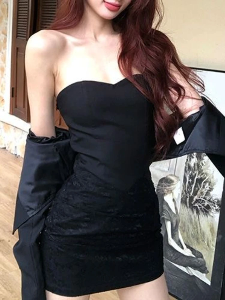 Gothic Style One Shoulder Black Set Chic Short Coat + Slim Bandeau Dress Suit Women Summer New Long Sleeve Vintage 2-piece Set