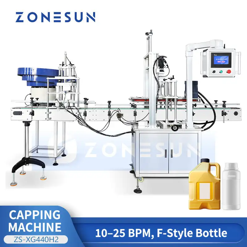 ZONESUN ZS-XG440H2 Auto F-Style Bottle Capping Machine High Speed Oil Drum Jug Sealer Servo Motor Large Container Packaging