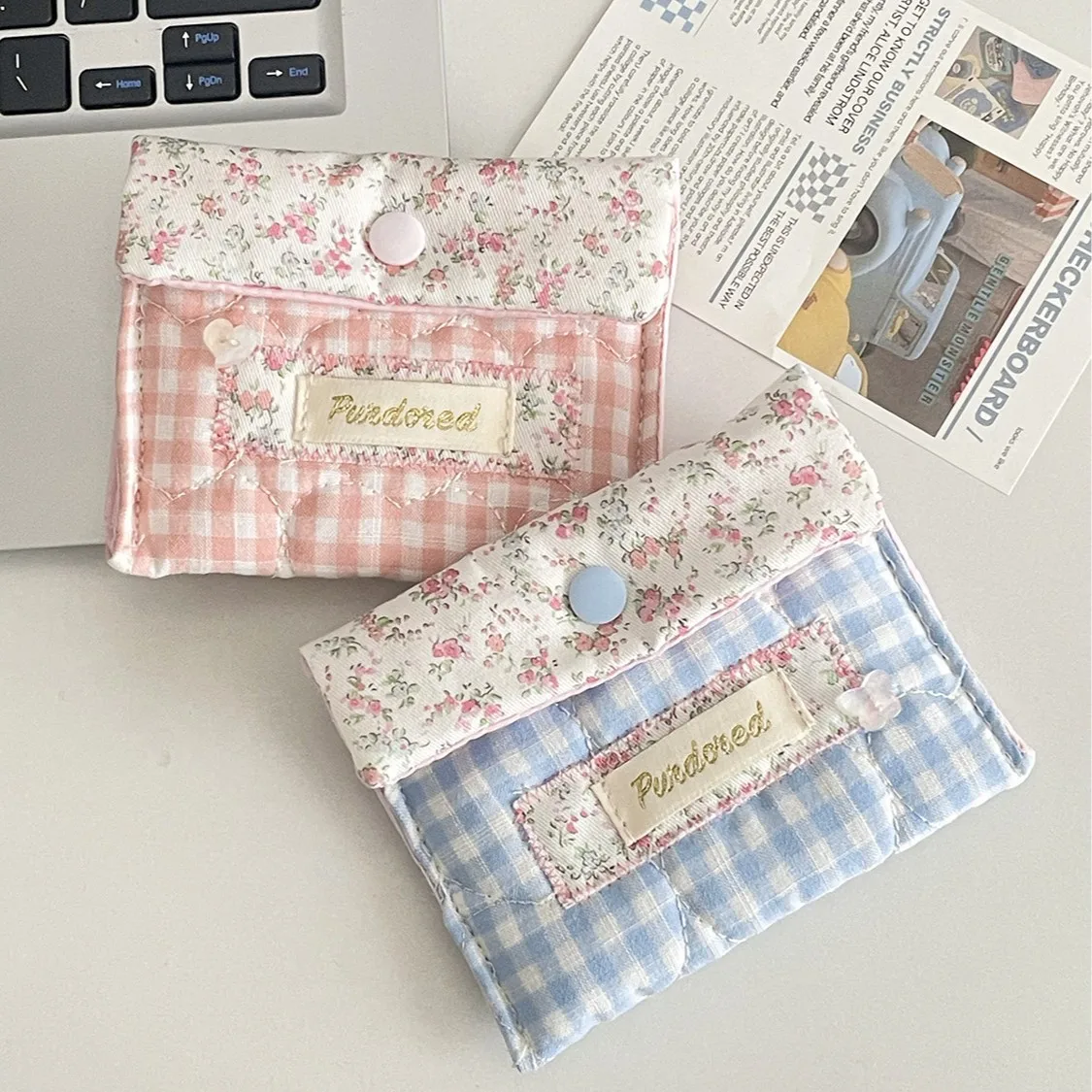 Checkered and striped floral patchwork women's coin purse, cotton lightweight and multi-purpose cosmetic storage bag