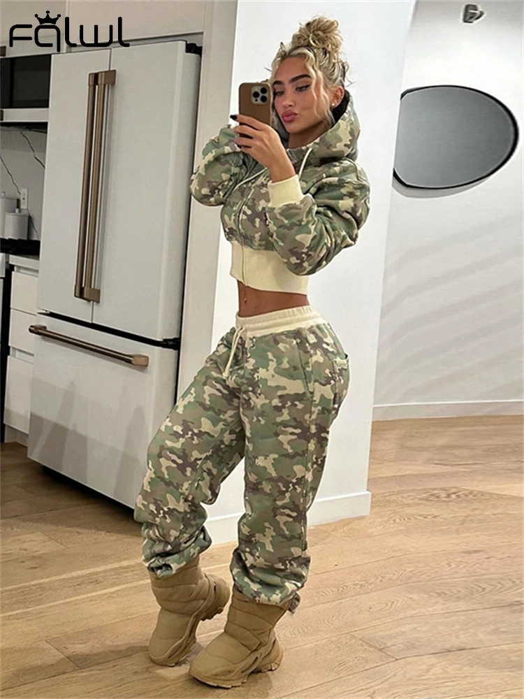 Habbris Winter Street Camouflage Print Sweatsuit Set Women 2024 Zip Up Hooded Crop Bomber Jacket+Drawstring Straight Cargo Pants