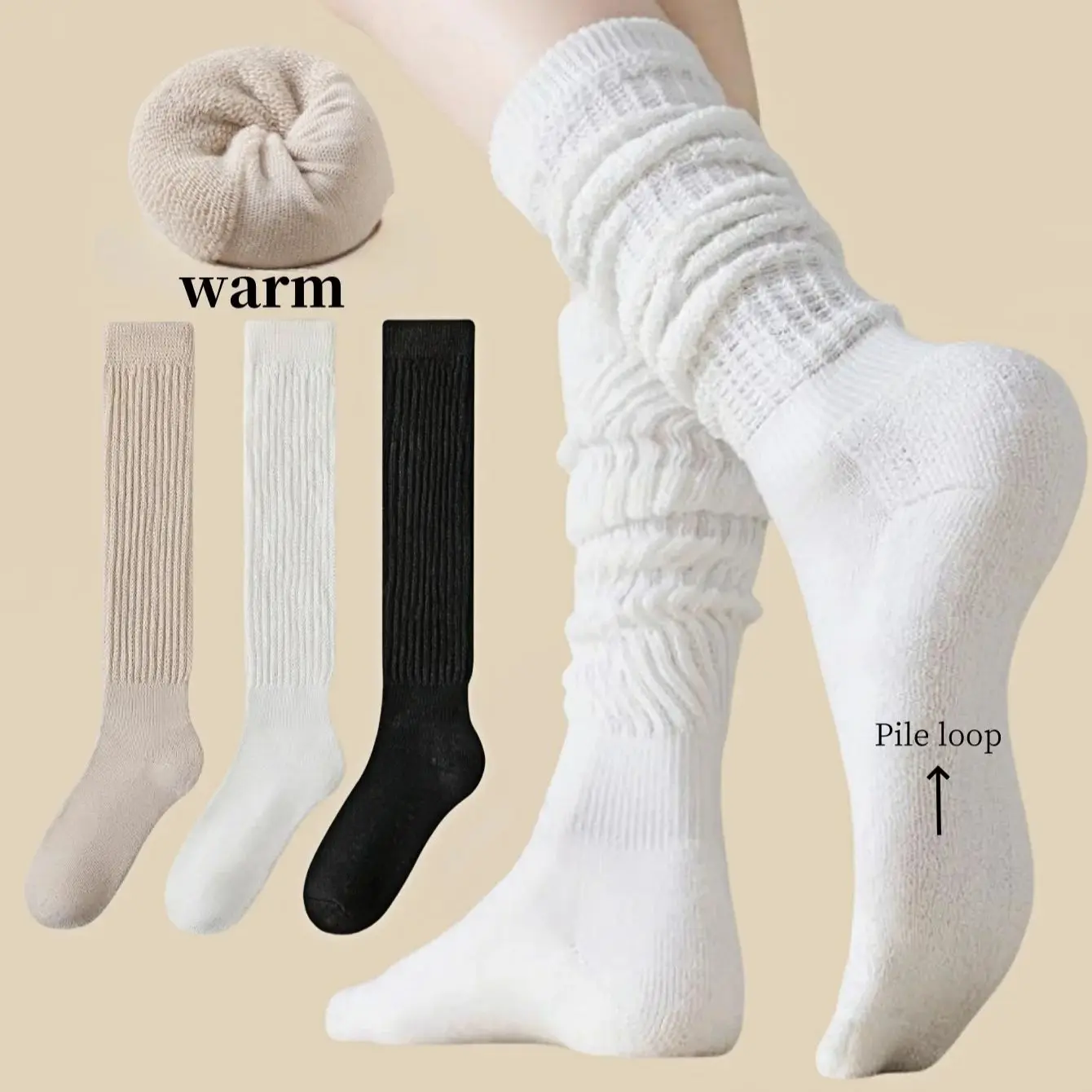 Stacked Sock Women's Knee-High Socks, Pleated Design, Fall Winter Thick Terry Slouchy Socks, Running Fitness Sports Yoga Socks