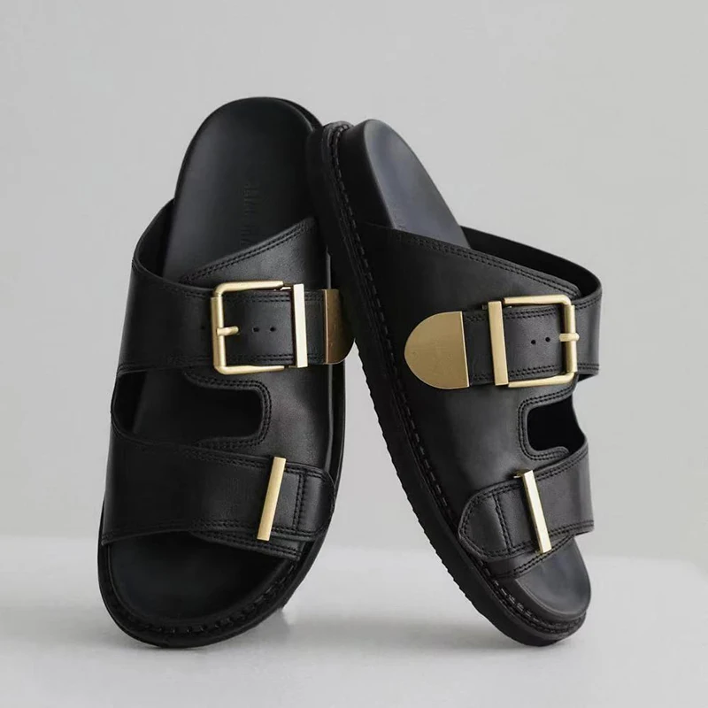 ALIAS MAE2025 Spring New Genuine Leather Splicing Stitching One Word Buckle Women's Flat Flat Casual Comfortable Sandals