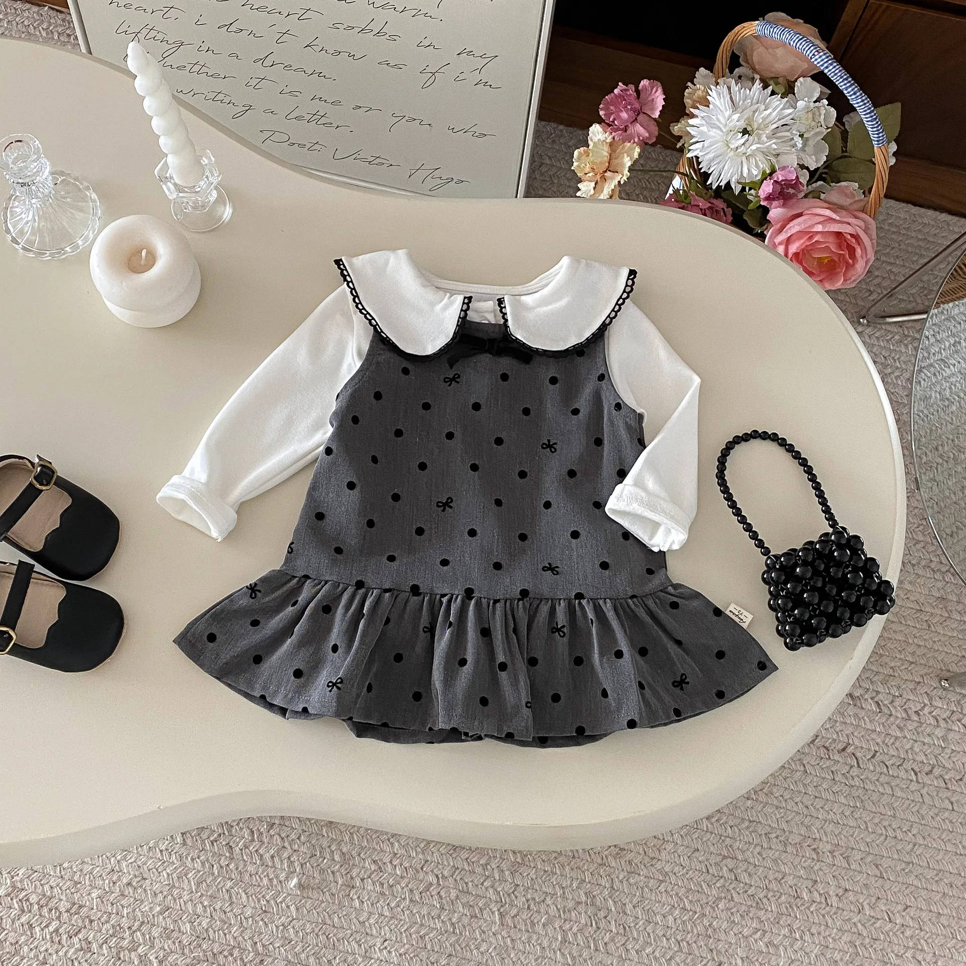 Conjunto de vestido para niña pequeña, Tops de manga larga con cuello Peter Pan y chaleco, traje de 2 uds., trajes para niños pequeños, otoño 2025