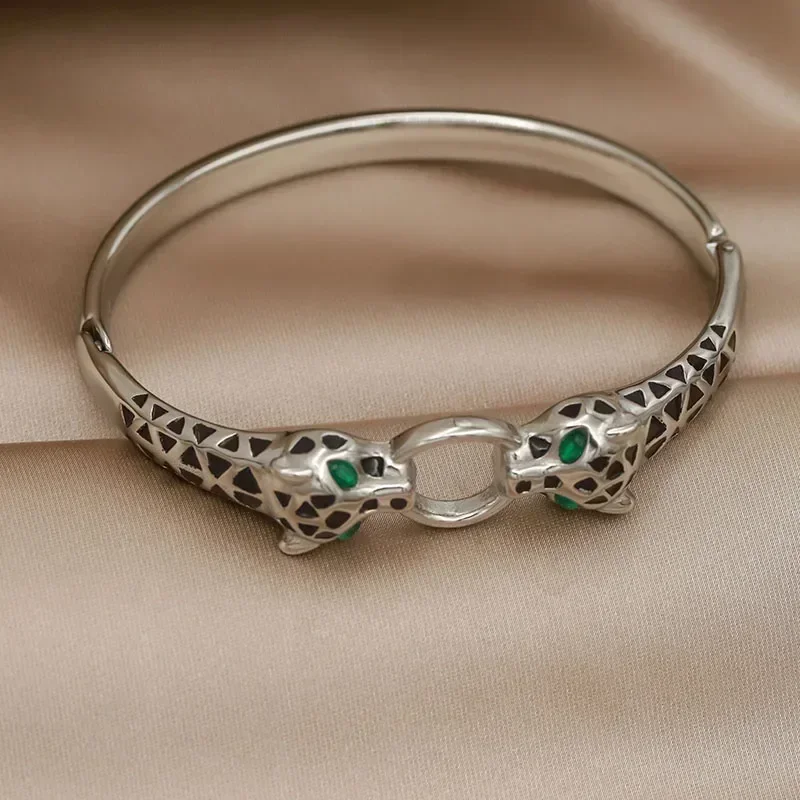 Stainless Steel Black Leopard Bangles for Women Fashion Brand Jewelry Unique Animal Bracelets Party Accessories Gifts