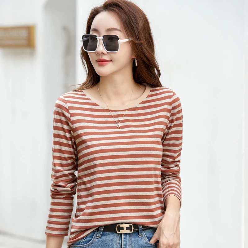 Korean Autumn Women’s Long Sleeve T-shirt Cotton New Fashion Knit Basic Stretch Stripped Tee Shirts For Women 2023