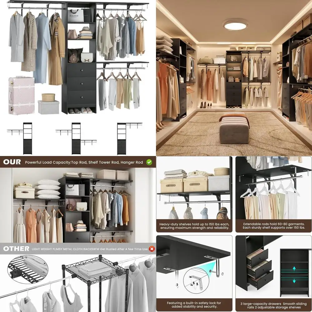 

Стильная расширяемая гардеробная система на 96 секций с 3 ящиками, полками и вешалками, выдерживает до 450 кг.