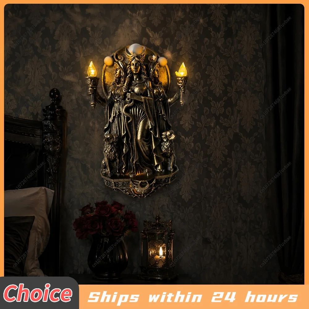 Triple Goddess Wall Lamp with Torches & Dogs LED Wall Light Cordless Design Wall Mounted Lights for Themed Rooms Hallway