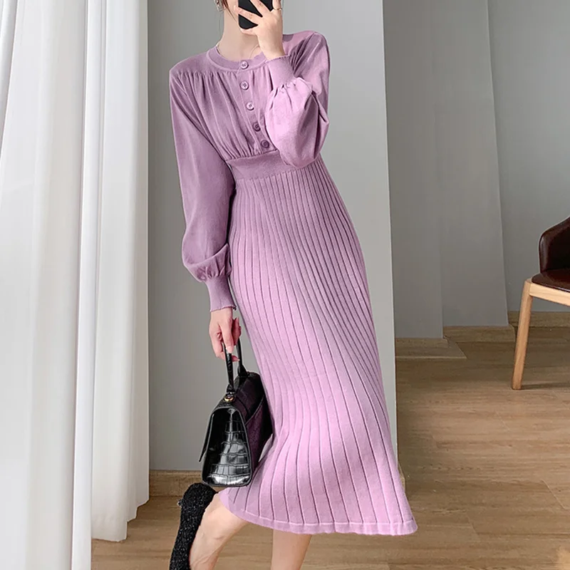 

Elegant Purple Knitted Dress Women's Autumn and Winter New Fashion Single-breasted French Mid-length High-waist Sweater Dress