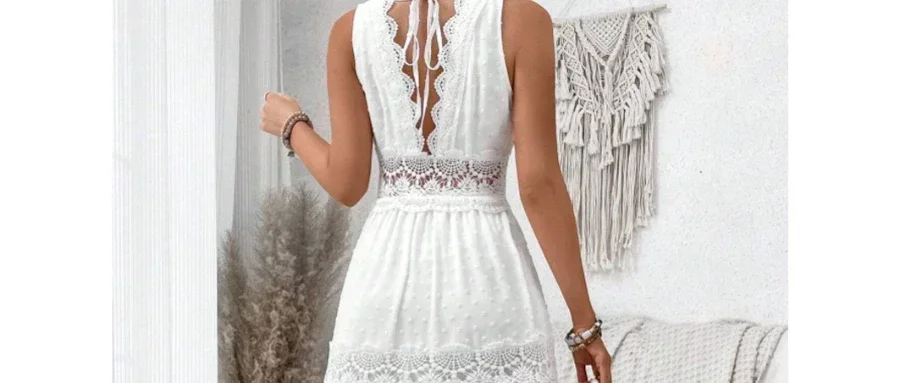 Damska koronkowa sukienka bez rękawów z dekoltem w szpic i wysoką talią, biała, długa, seksowna sukienka do kostek