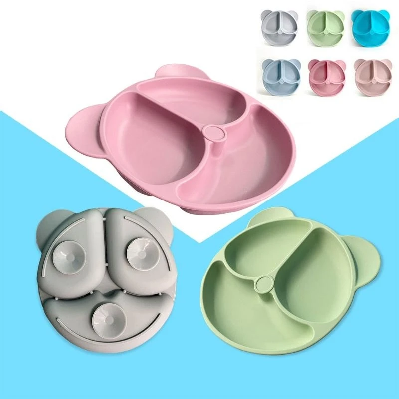 

J15U Baby Suction Plate Silicone Bear Tableware Compartment Eating Training for BPA Microwave Dishwasher Safe