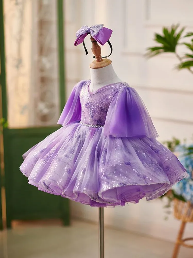 High-End Children's Princess Evening Gown Pearls Sequin Design Kids Wedding Birthday Baptism Eid Party Girls Perform Dress A3439 image 3