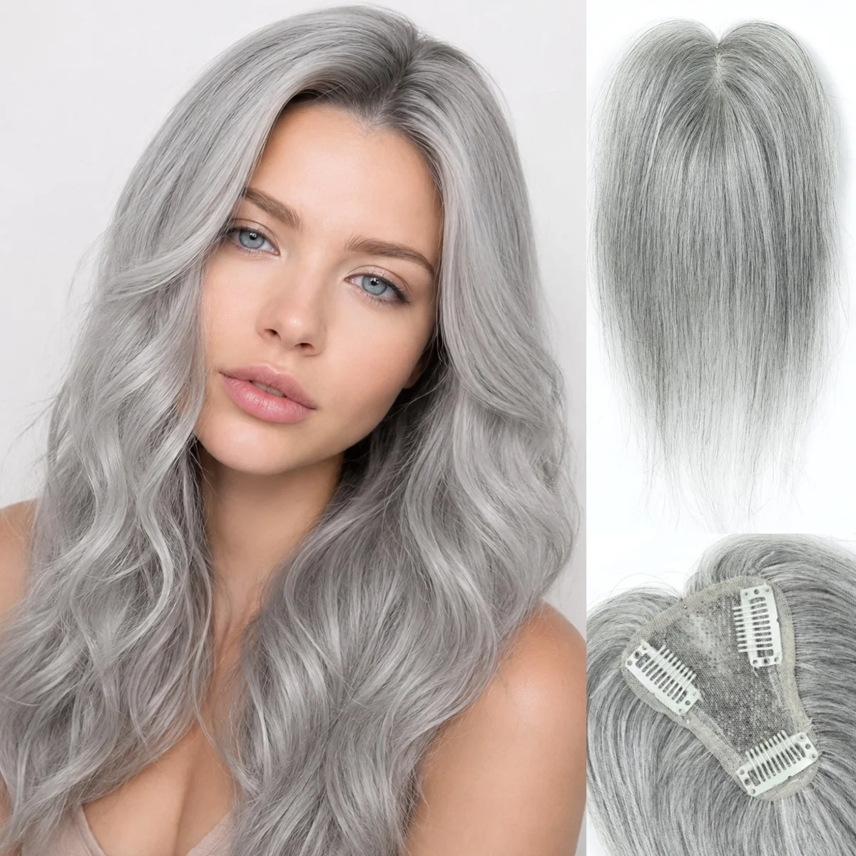 100% Human Hair Topper 2.75x3.5 Inch Short Straight Lace Base with 3 Clips Grey Middle Part Hairpiece 8 Inch for Women Thinning
