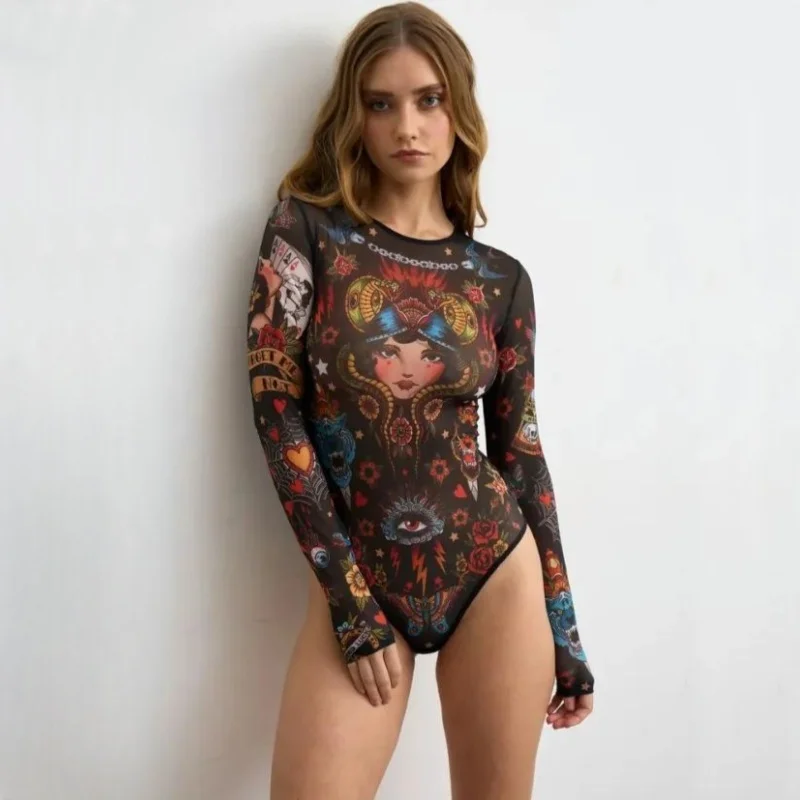 Women's Rashguard Swimsuits Mesh One-Piece Women High Leg XXL Printed Swimsuit Removable Chest Pad Sports Slimming Ladies