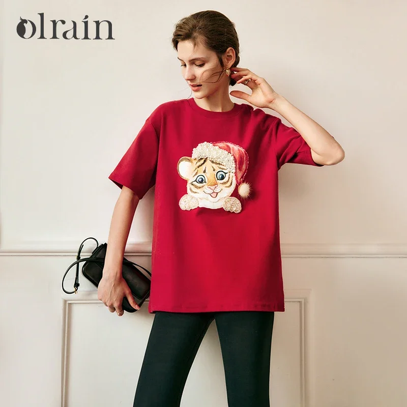 OLrain Red T-shirt for Women 2026 Summer New Casual Fashion 3D Animals Print Short Sleeve Tee Loose Round Neck Top O22XT00519
