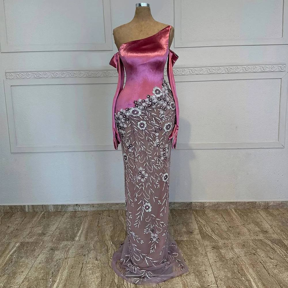 

Velvet Patchwork Evening Slant Shoulder and Floor Dress New Floral Pattern Fishtail Dress Long Ball Gown