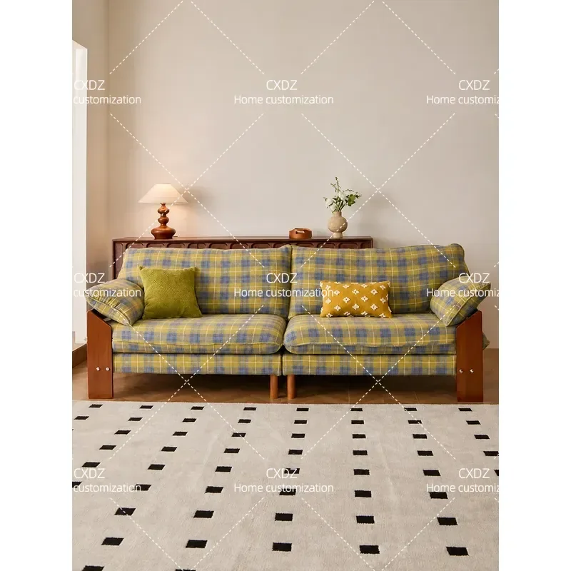 Removable Washable Fabric Sofa 3 Seater Straight Row Solid Wood Frame Retro Plaid Design for Small Apartment Living Room