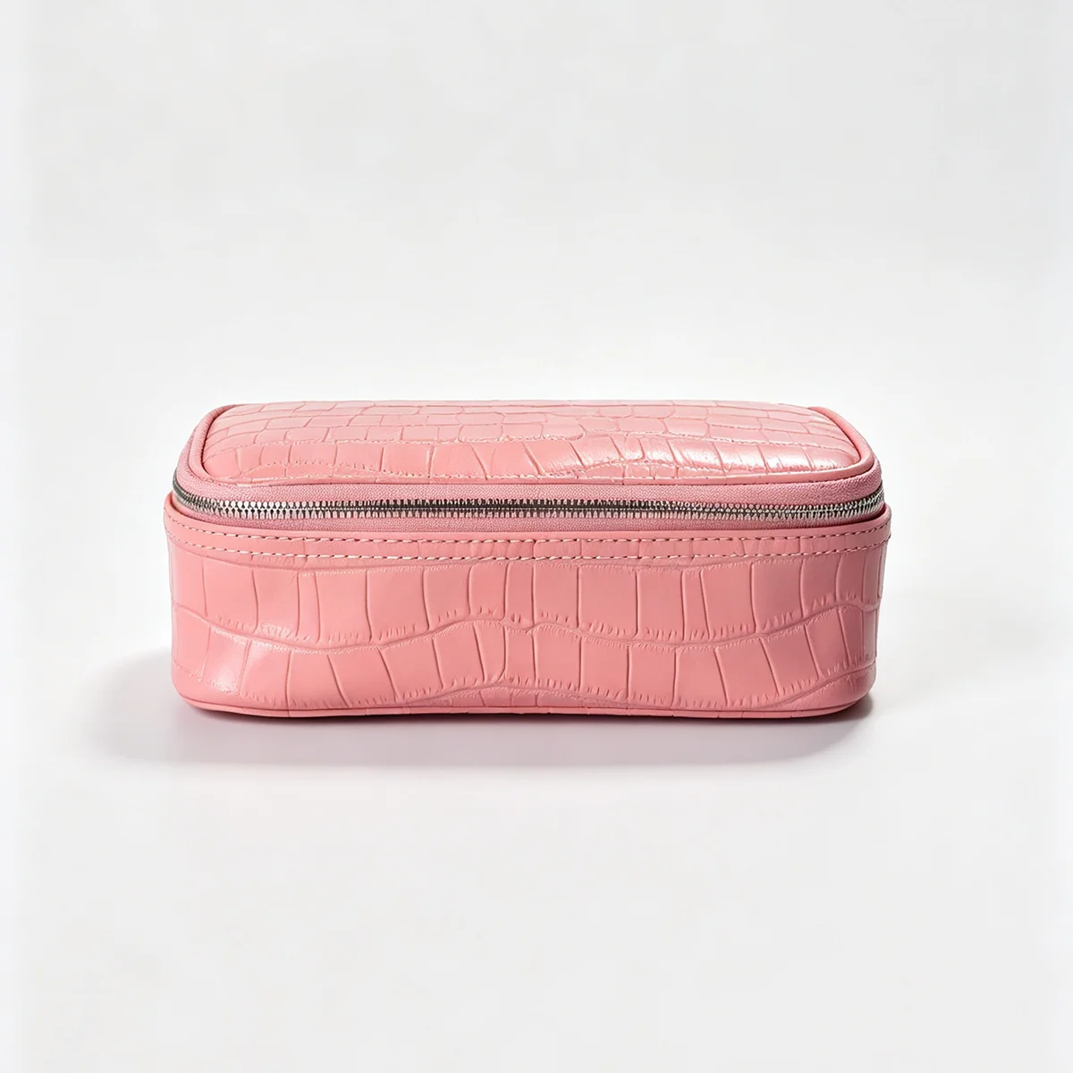 Geprägter Kosmetikbeutel aus Leder mit Krokodil-Optik, großer Stauraum, mehrere Taschen, Handtaschen-Organizer für Toilettenartikel, Reise, rosa Ausführungen. – Detail 16