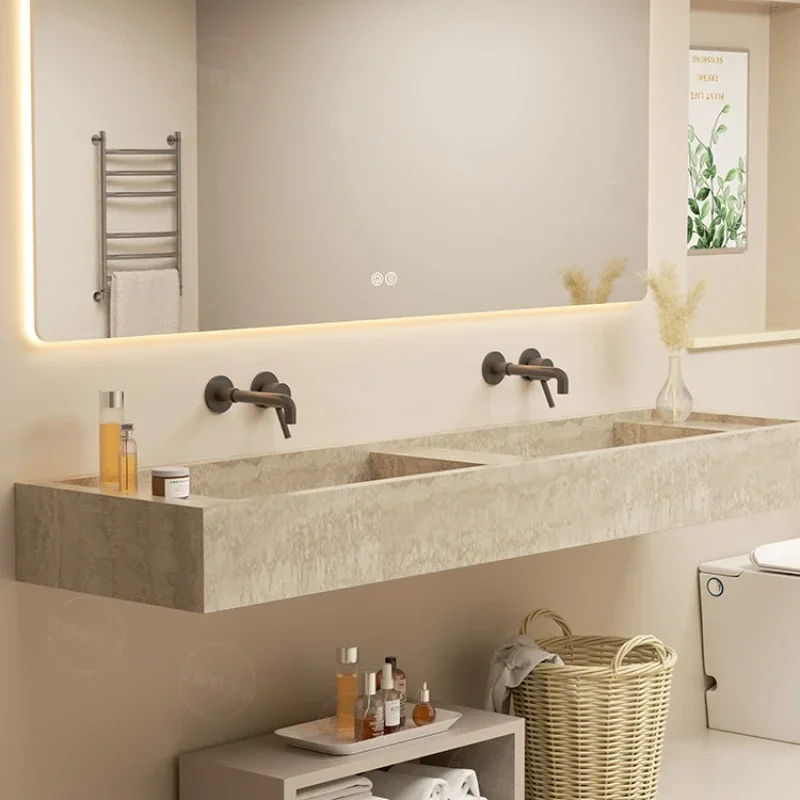 

Minimalist bathroom travertine rock slab integrated basin washbasin hotel wind washstand